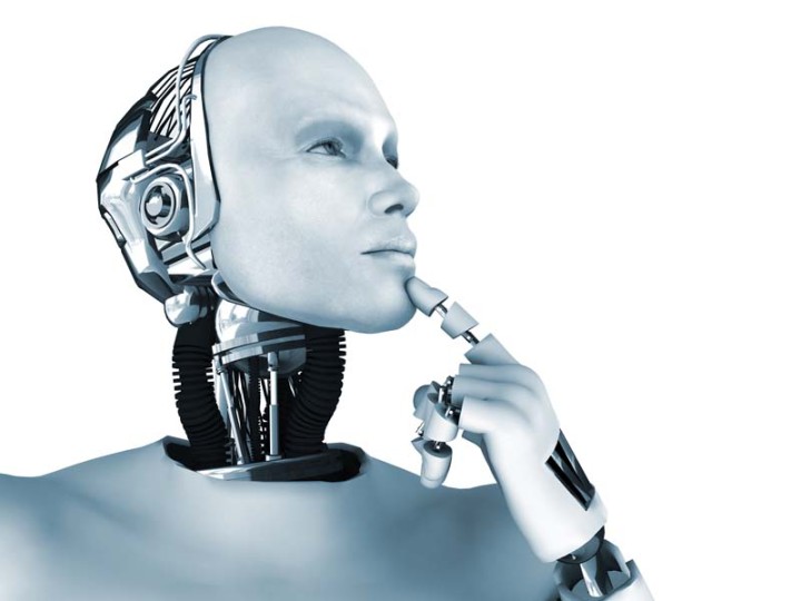 A male robot thinking about something. Isolated on white background.