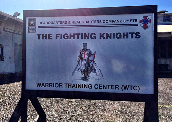 The official sign is posted outside of the 8th Special Troops Battalion Warrior Training Center, Fort Shafter Flats. The WTC features a wide variety of training conducted both in the classroom and hands-on, such as Military Operations in Urban Terrain [MOUT], crew-served weapons, Modern Army Combatives Program training level one and two, military and bus driver training, combat lifesaver and field sanitation.
