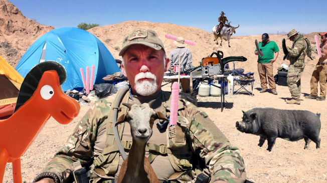This Wednesday, April 16, 2014 photo shows Jerry DeLemus, of Rochester, N.H., talks, about heading a group of self-described militia members who have been camping on rancher Cliven Bundys ranch near Bunkerville, Nev. Armed  backers of embattled rancher Cliven Bundy are still living along a state highway in southern Nevada, almost three weeks after an armed standoff halted U.S.  Bureau of Land Management plans to round up cattle he grazes on public land. The  BLM says Bundy owes $1.1 million in grazing fees and penalties. (AP Photo/Ken Ritter)