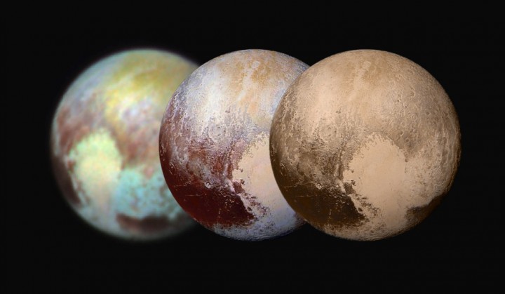 Pluto and Charon in False Color Show Compositional DiversityThis July 13, 2015, image of Pluto and Charon is presented in false colors to make differences in surface material and features easy to see. It was obtained by the Ralph instrument on NASA's New Horizons spacecraft, using three filters to obtain color information, which is exaggerated in the image.  These are not the actual colors of Pluto and Charon, and the apparent distance between the two bodies has been reduced for this side-by-side view.The image reveals that the bright heart-shaped region of Pluto includes areas that differ in color characteristics. The western lobe, shaped like an ice-cream cone, appears peach color in this image. A mottled area on the right (east) appears bluish.  Even within Pluto's northern polar cap, in the upper part of the image, various shades of yellow-orange indicate subtle compositional differences.   The surface of Charon is viewed using the same exaggerated color. The red on the dark northern polar cap of Charon is attributed to hydrocarbon materials including a class of chemical compounds called tholins. The mottled colors at lower latitudes point to the diversity of terrains on Charon.This image was taken at 3:38 a.m. EDT on July 13, one day before New Horizons’ closest approach to Pluto. Image Credit: NASA/APL/SwRI