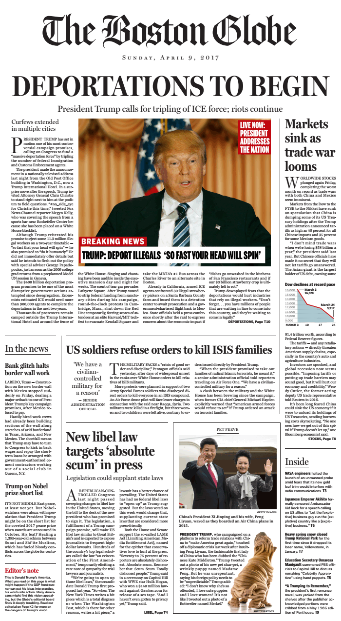 Boston Globe fake headline for Prez Trump