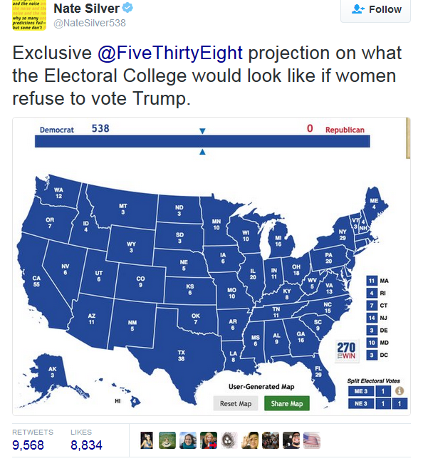Nate Silver map of the electoral college if women refuse to vote Trump - all blue