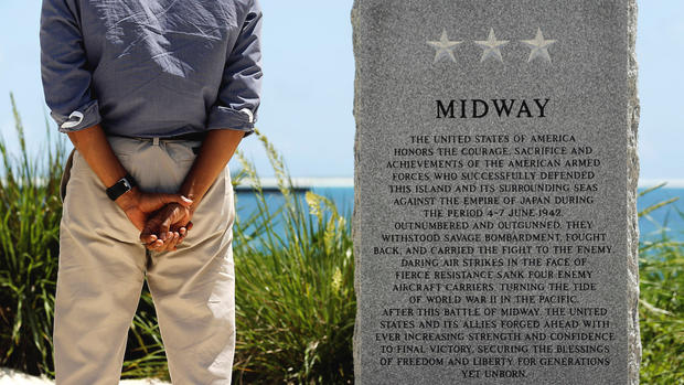 U.S. President Barack Obama pays his respects at a memorial to the Battle of Midway monument during a visit to the Papahanaumokuakea Marine National Monument, Midway Atoll, U.S. September 1, 2016. REUTERS/Jonathan Ernst     TPX IMAGES OF THE DAY