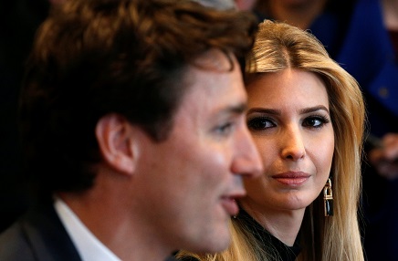 Ivanka Trump looks at Canadian Prime Minister Justin Trudeau (L) during U.S. President Donald Trump's roundtable discussion on the advancement of women entrepreneurs and business leaders at the White House in Washington February 13, 2017.  REUTERS/Kevin Lamarque