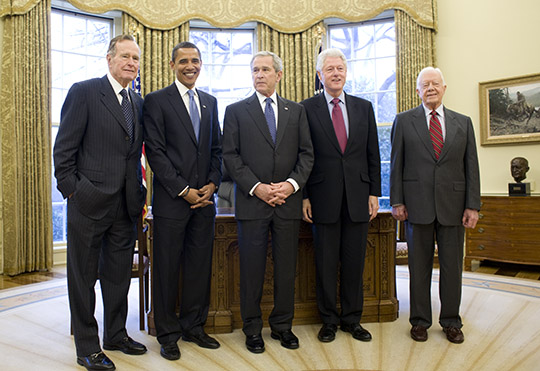 President-elect Obama with Nancy Killefer, the new Chief Performance Officer, for his administration. The news conference held at the transition office in Washington, D.C. on Jan. 7, 2009.President-elect Obama with former Presidents Bush (41), Carter and Clinton and current President Bush at the WHite House on Jan. 7, 2009.(Photo by Pete Souza)