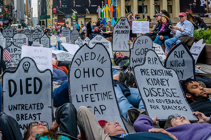 33 STREET PLAZA, NEW YORK, UNITED STATES - 2017/06/04: Health providers, patients, grassroots organizers and concerned New York residents organized a Die-In against Trumpcare and for affordable coverage for all on June 4, 2017; at 33 Street Plaza, W. 33 St. between 7th and 8th Aves, Manhattan. Protesters rally to warn US Senate of human toll of repeal/replace health plans. (Photo by Erik McGregor/Pacific Press/LightRocket via Getty Images)