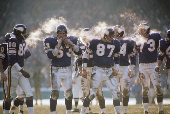 Minnesota Vikings players (from left) John Henderson (#80), Jim Vellone (#63), John Beasley (#87), Gene Washington (#84), and Ron Yary (#73) on the field during the 1970 NFL Championship game versus the Cleveland Browns at Metropolitan Stadium. 
Bloomington, Minnesota 1/4/1970
(Image # 1266 )
