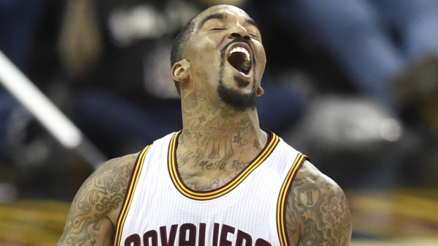 Mar 16, 2017; Cleveland, OH, USA; Cleveland Cavaliers guard J.R. Smith (5) celebrates his three-point basket in the fourth quarter against the Utah Jazz at Quicken Loans Arena. Mandatory Credit: David Richard-USA TODAY Sports
