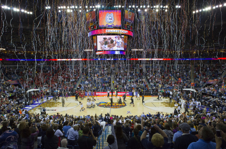 09 APR 2013:  The streamers fall after the final buzzer of the 2013 Women's Final Four. The University of Louisville Cardinals played the University of Connecticut Huskies for the Division I Women's Basketball Championship in New Orleans, LA. UCONN beat Louisville 93-60 to win the title.  Matt Marriott/NCAA Photos